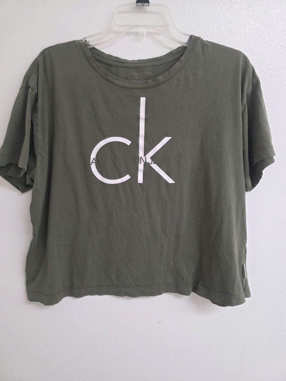 Calvin Klein Olive Crop Tee with White CK Logo (0718)